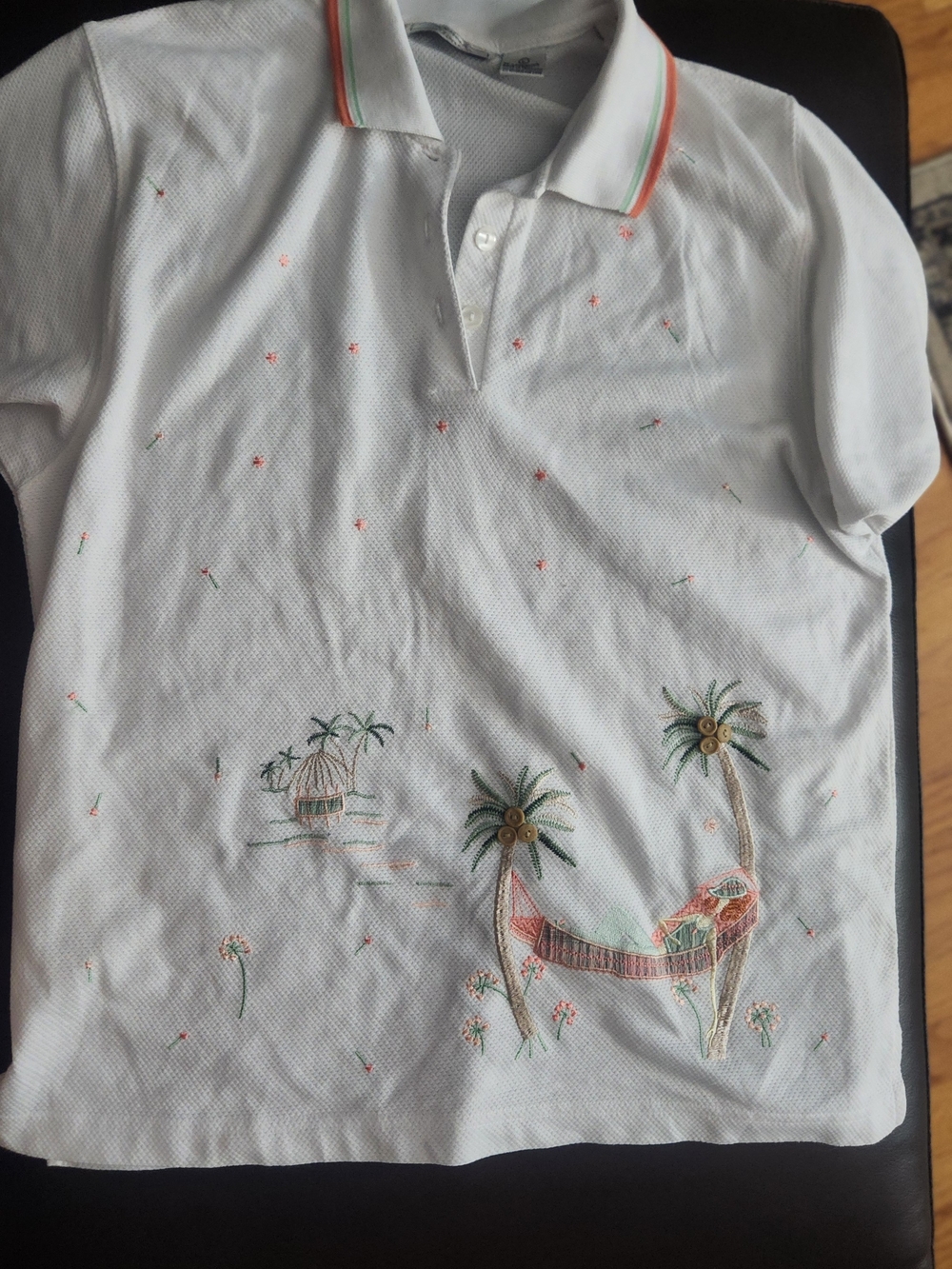 Coastal Grandma Embroidered Palm Tree  Hammock Summer Scene Polo Shirt